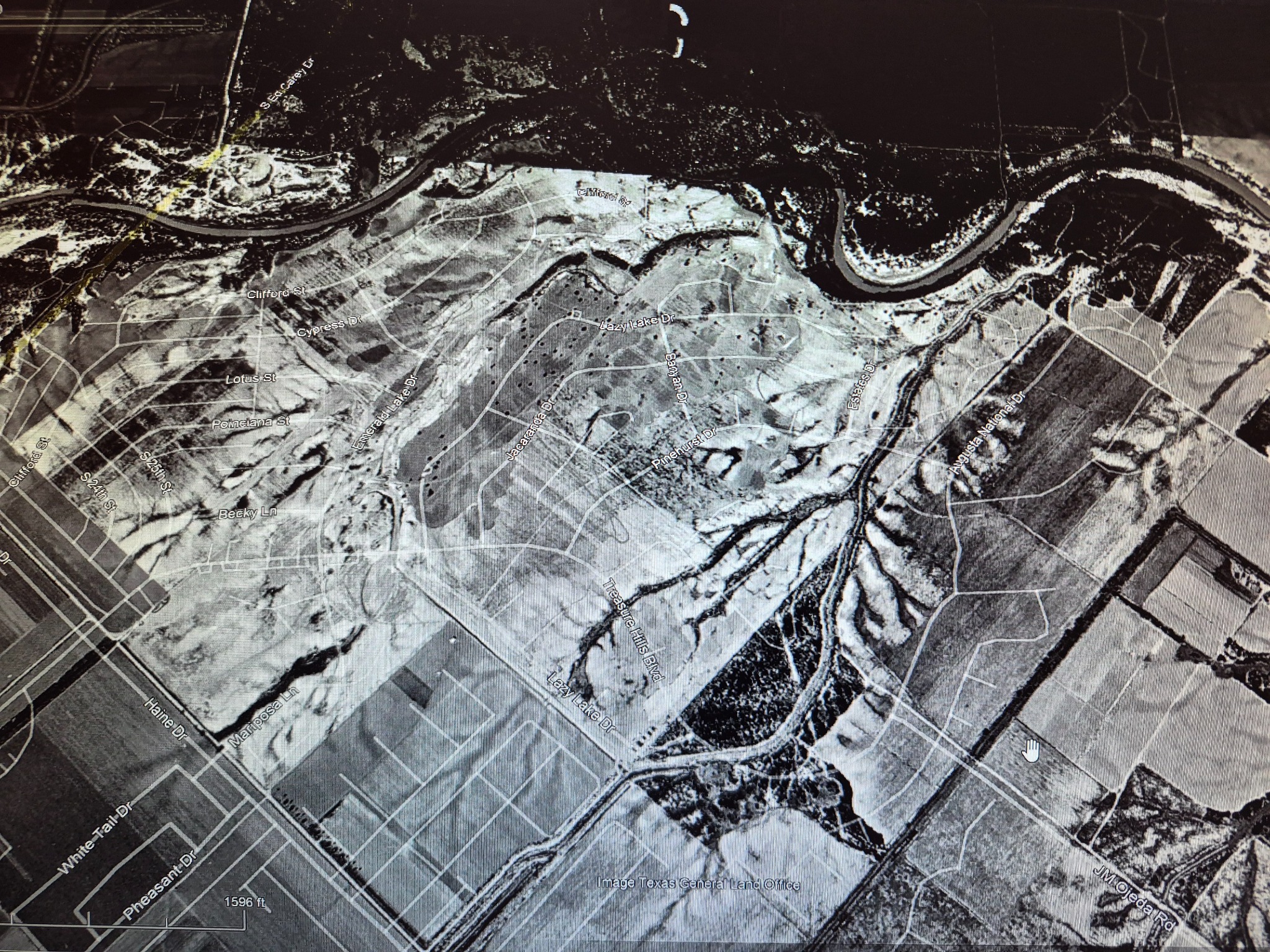 Historic aerial view of Treasure Hills resaca, 1950